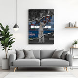 Canvas wall art showing a victorious cricket player holding bat and helmet with “Discipline” written – ideal for motivation and focus.