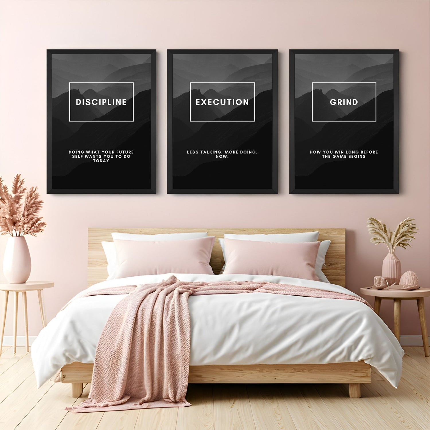 Set of 3 motivational canvas prints featuring Discipline, Execution, and Grind with bold definitions – perfect for office, gym, or workspace decor