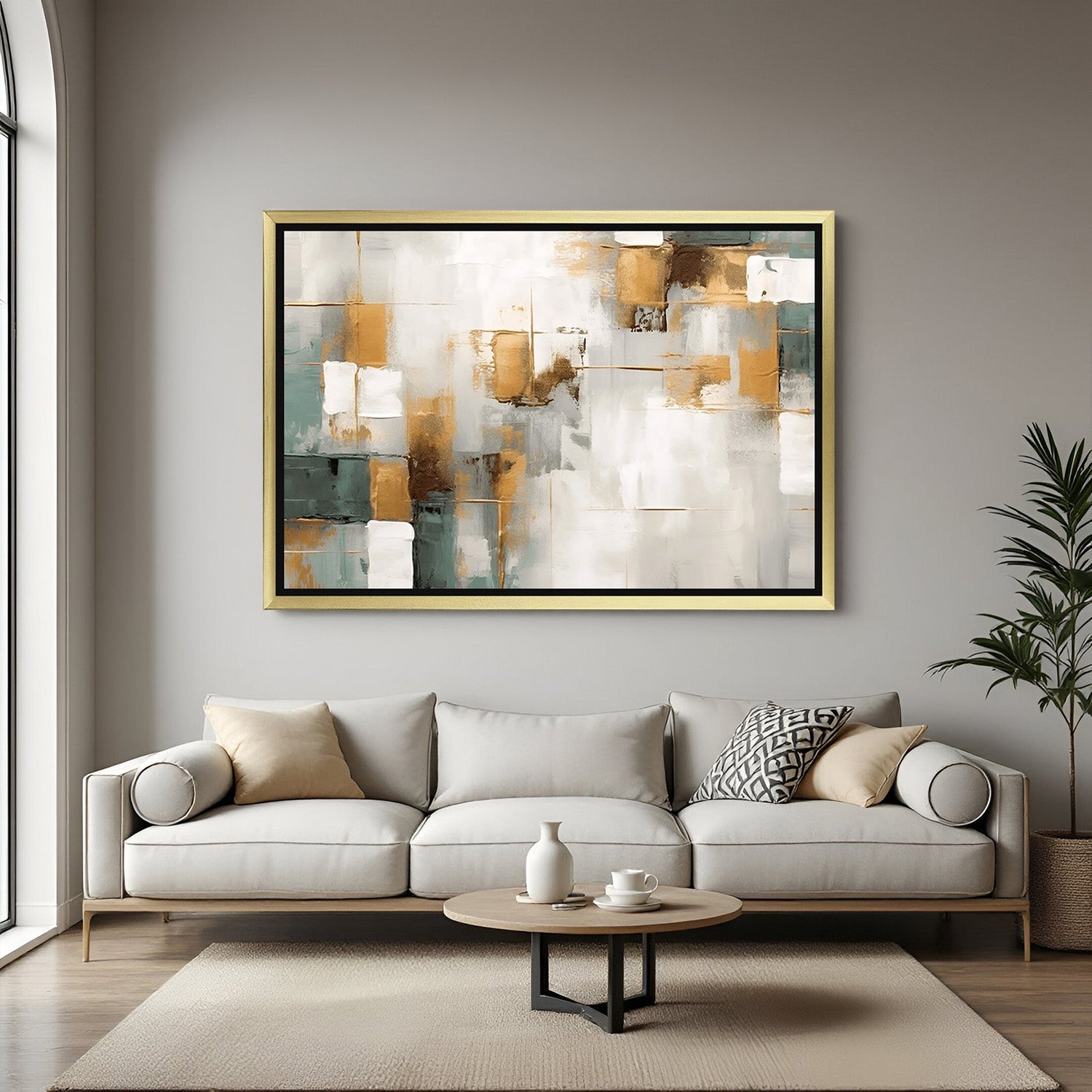 Golden frame light grey abstract wall art with calm strokes and distorted design – minimalist canvas for refined spaces