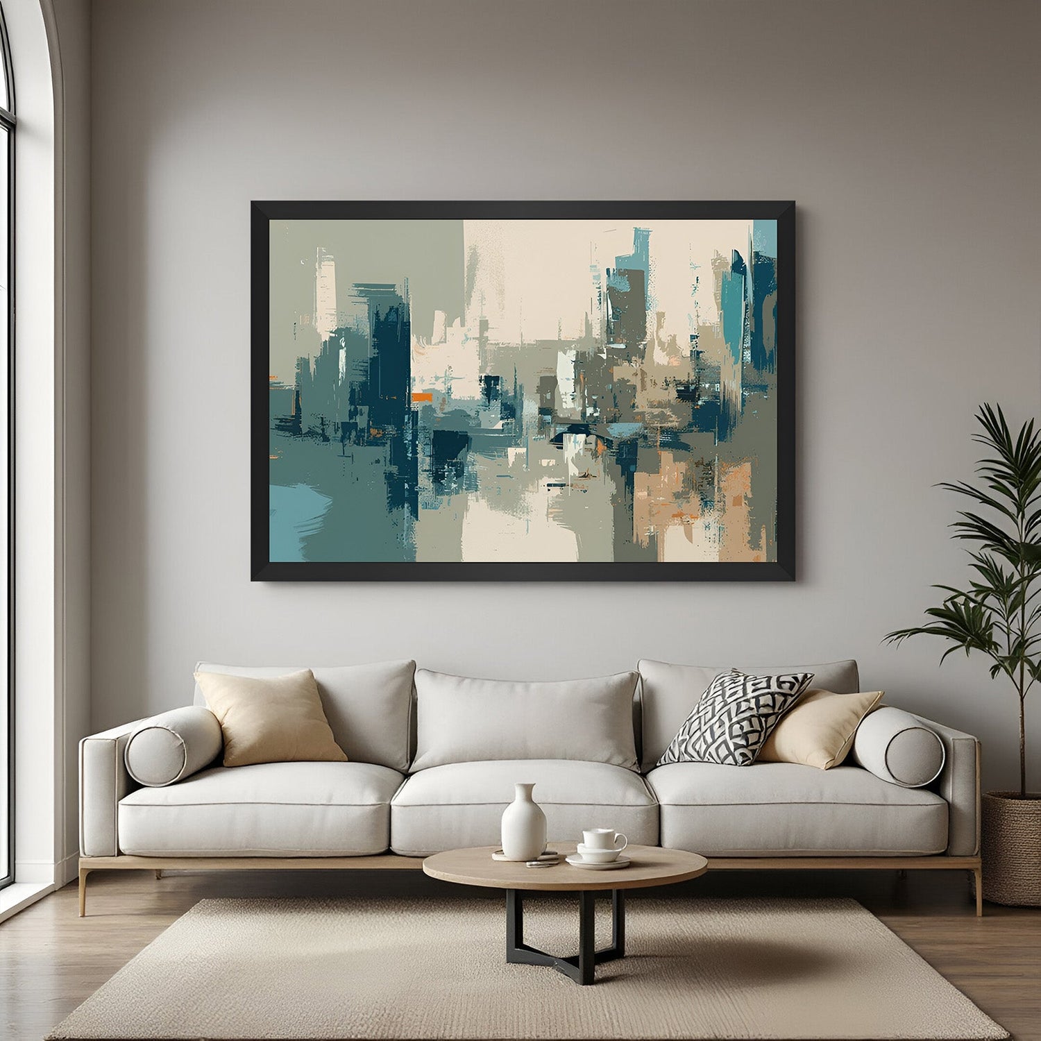 Black framed abstract cityscape with distorted skyline – vibrant canvas art for modern urban wall decor