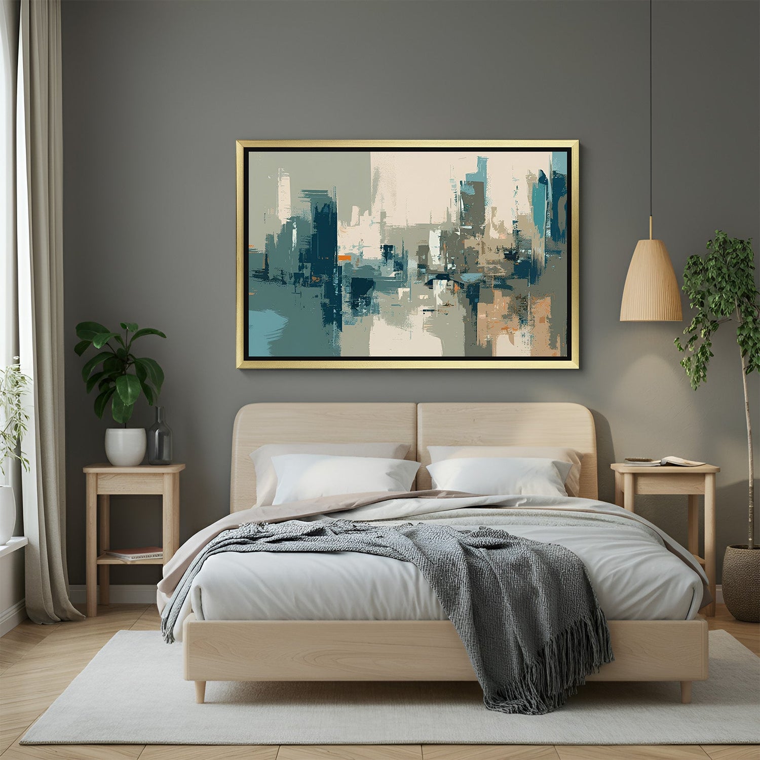 Golden framed distorted city canvas print – expressive urban skyline painting in abstract style for wall art