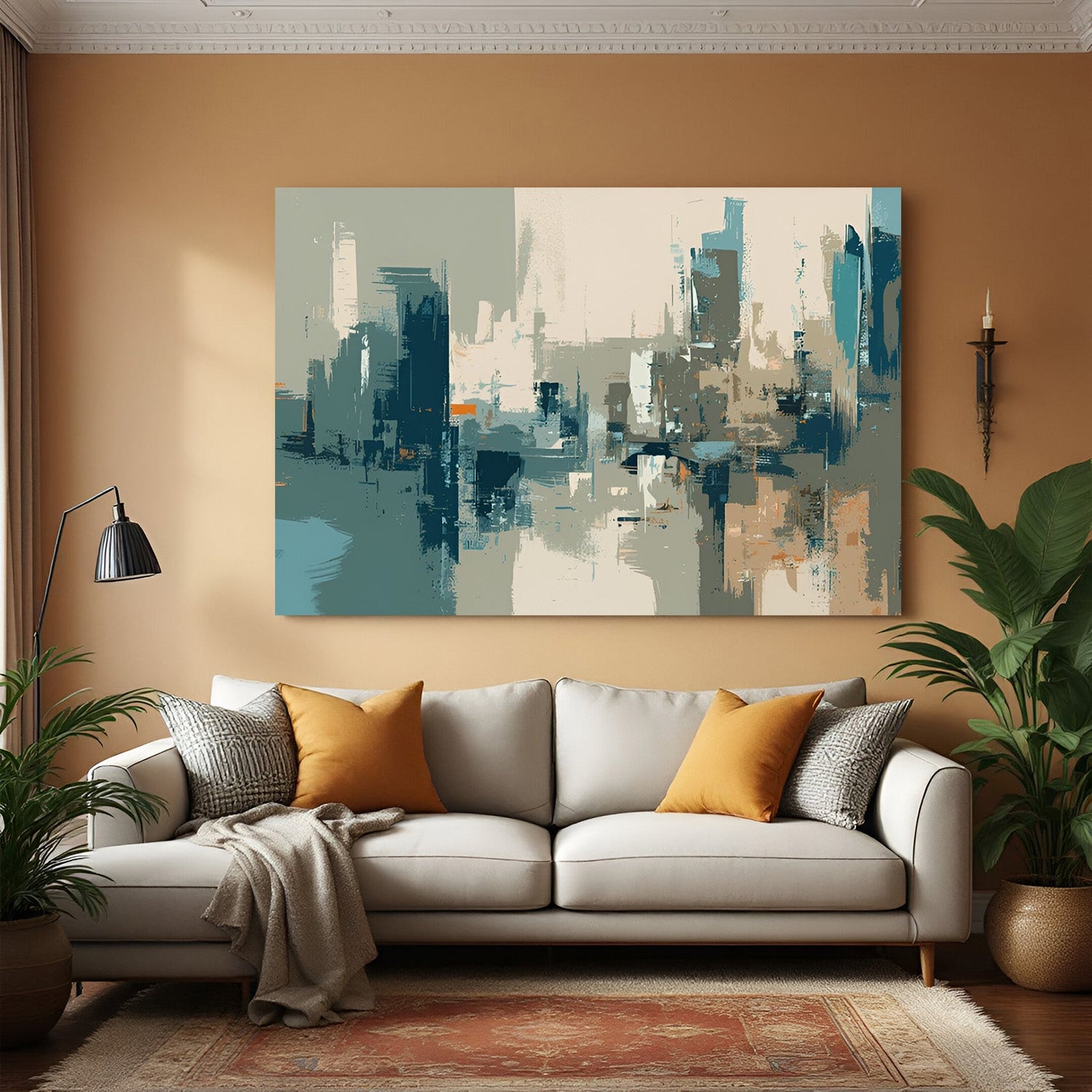 Distorted city abstract wall art – chaotic urban skyline painting in modern canvas style for creative home and office decor