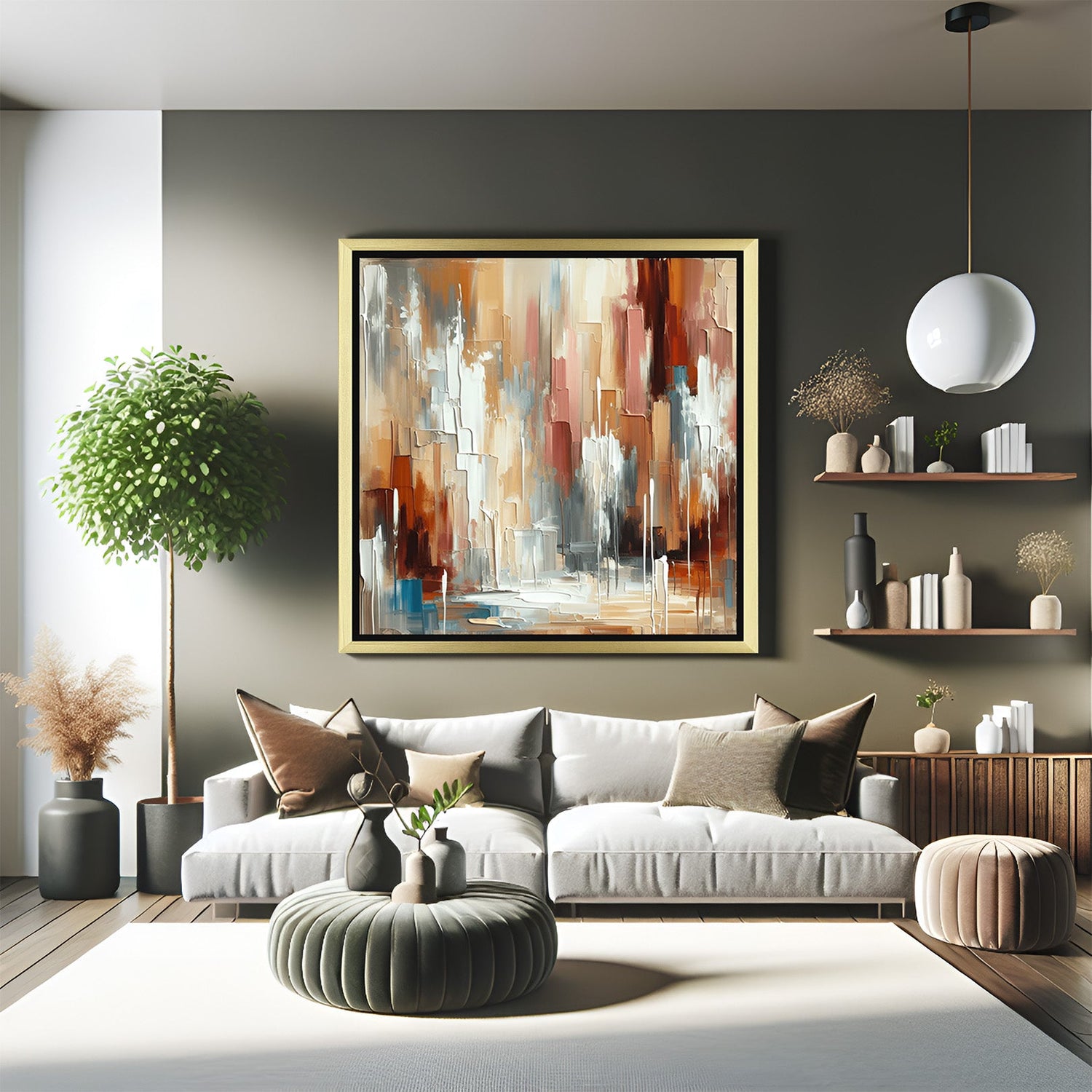 Golden frame abstract canvas print with colorful distortions – artistic painted wall art for contemporary interiors