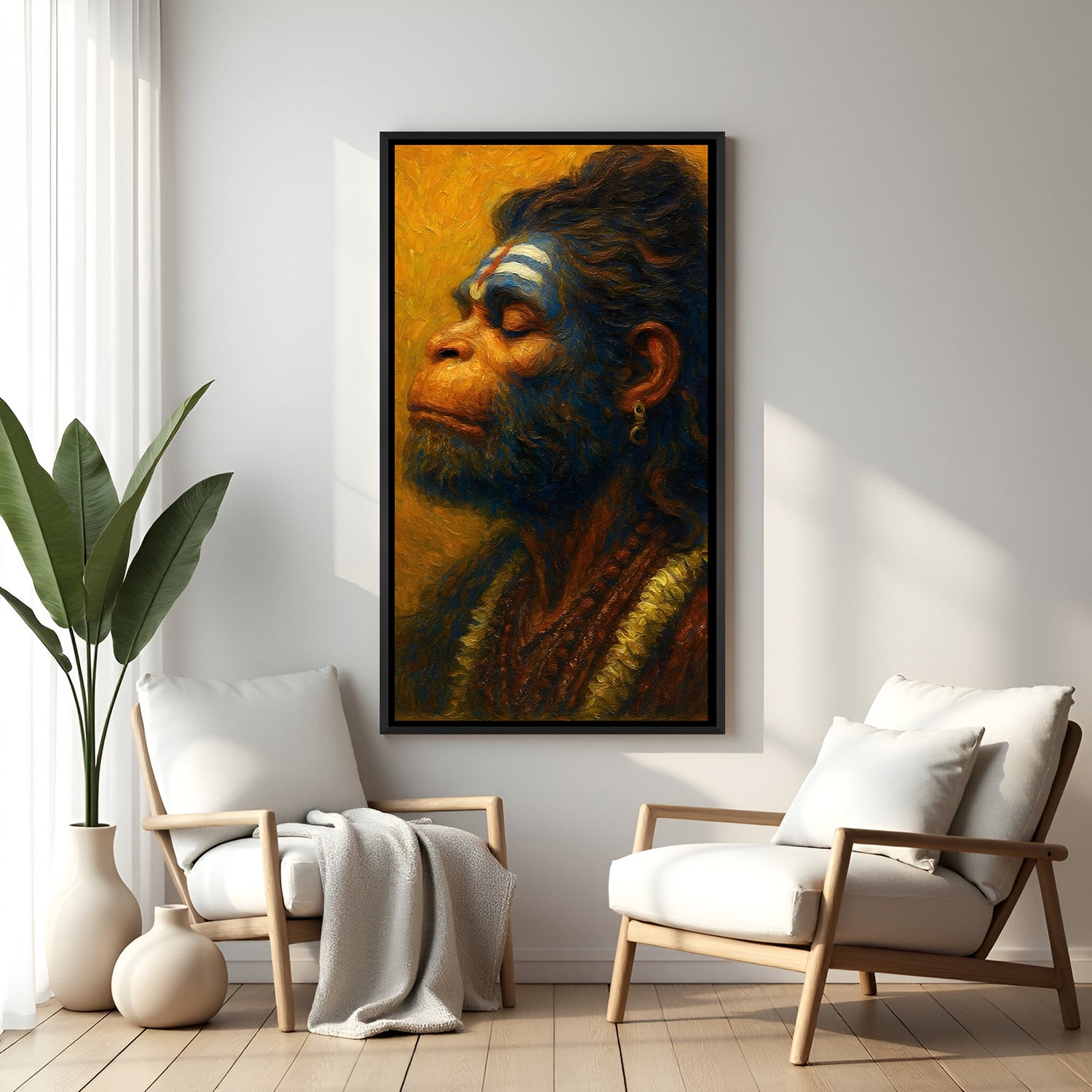 Modern Hanuman wall artwork with blue tones and warm yellow textured background in black floater frame