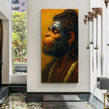 Blue-toned Lord Hanuman canvas artwork with textured yellow background in premium canvas wrapped frame