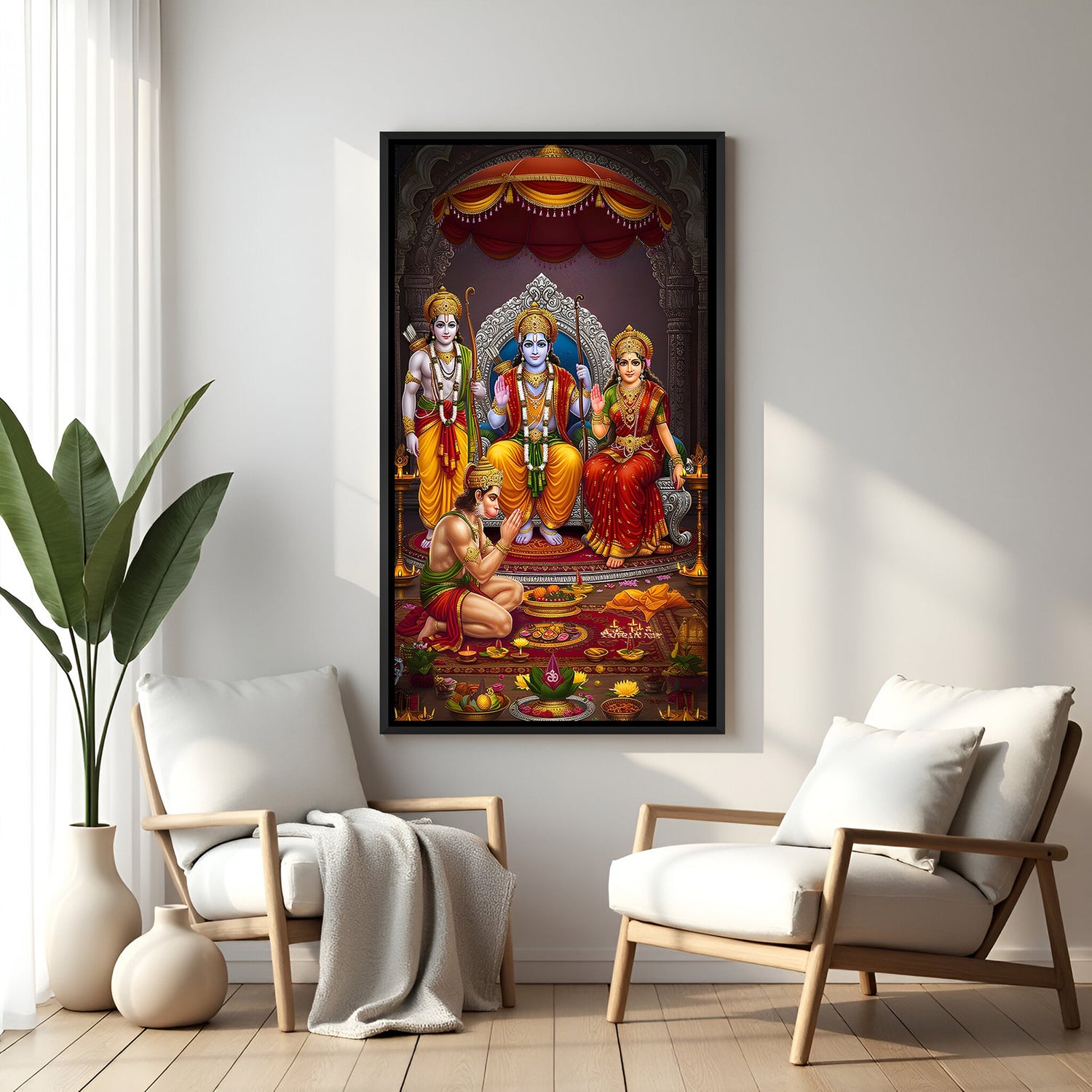 Ram Darbar devotional painting in elegant black floater frame featuring Rama Sita Lakshmana and Hanuman