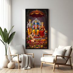 Ram Darbar devotional painting in elegant black floater frame featuring Rama Sita Lakshmana and Hanuman