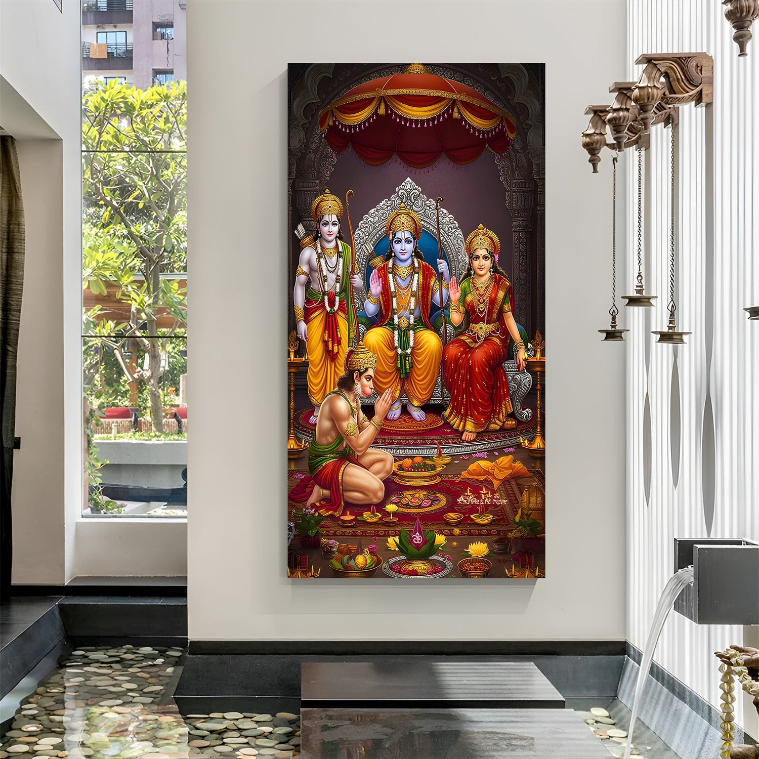Ram Darbar canvas wall art featuring Lord Rama seated on a throne with Sita Lakshmana and Hanuman in a vibrant devotional setting