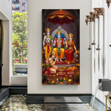 Ram Darbar canvas wall art featuring Lord Rama seated on a throne with Sita Lakshmana and Hanuman in a vibrant devotional setting