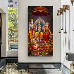 Ram Darbar canvas wall art featuring Lord Rama seated on a throne with Sita Lakshmana and Hanuman in a vibrant devotional setting
