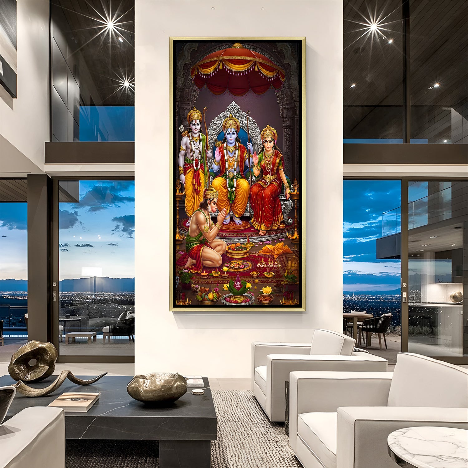 Royal Ram Darbar canvas artwork in luxurious golden floater frame with Lord Rama Sita Lakshmana and Hanuman