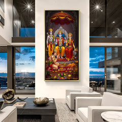 Royal Ram Darbar canvas artwork in luxurious golden floater frame with Lord Rama Sita Lakshmana and Hanuman