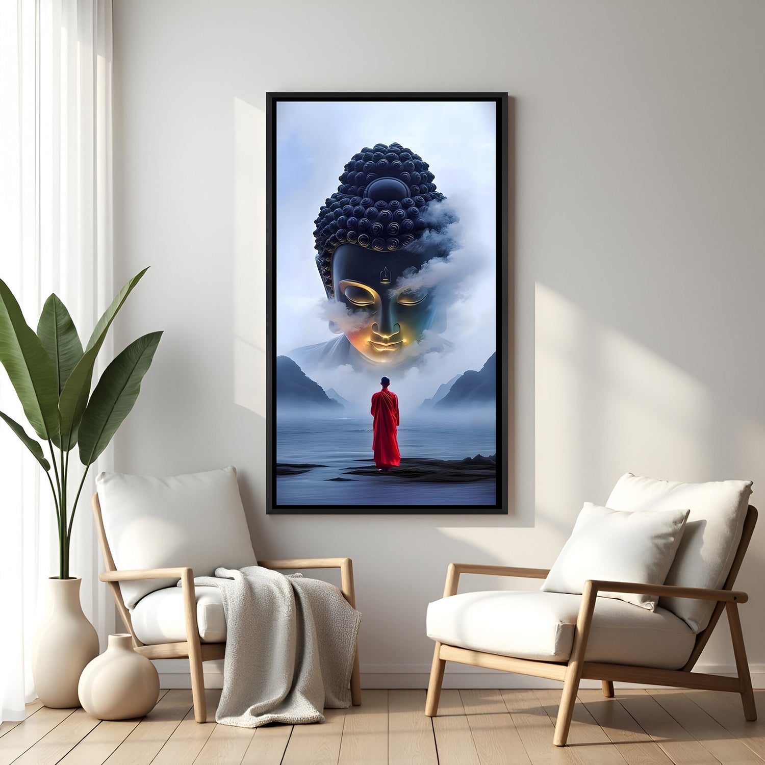 Divine Buddha Arrival spiritual canvas artwork in premium black floater frame
