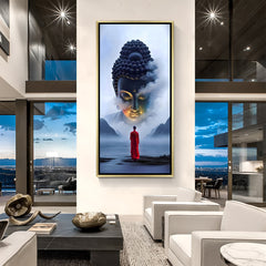 Divine Buddha Arrival wall art in luxury golden floater frame with cloudy mountain scenery