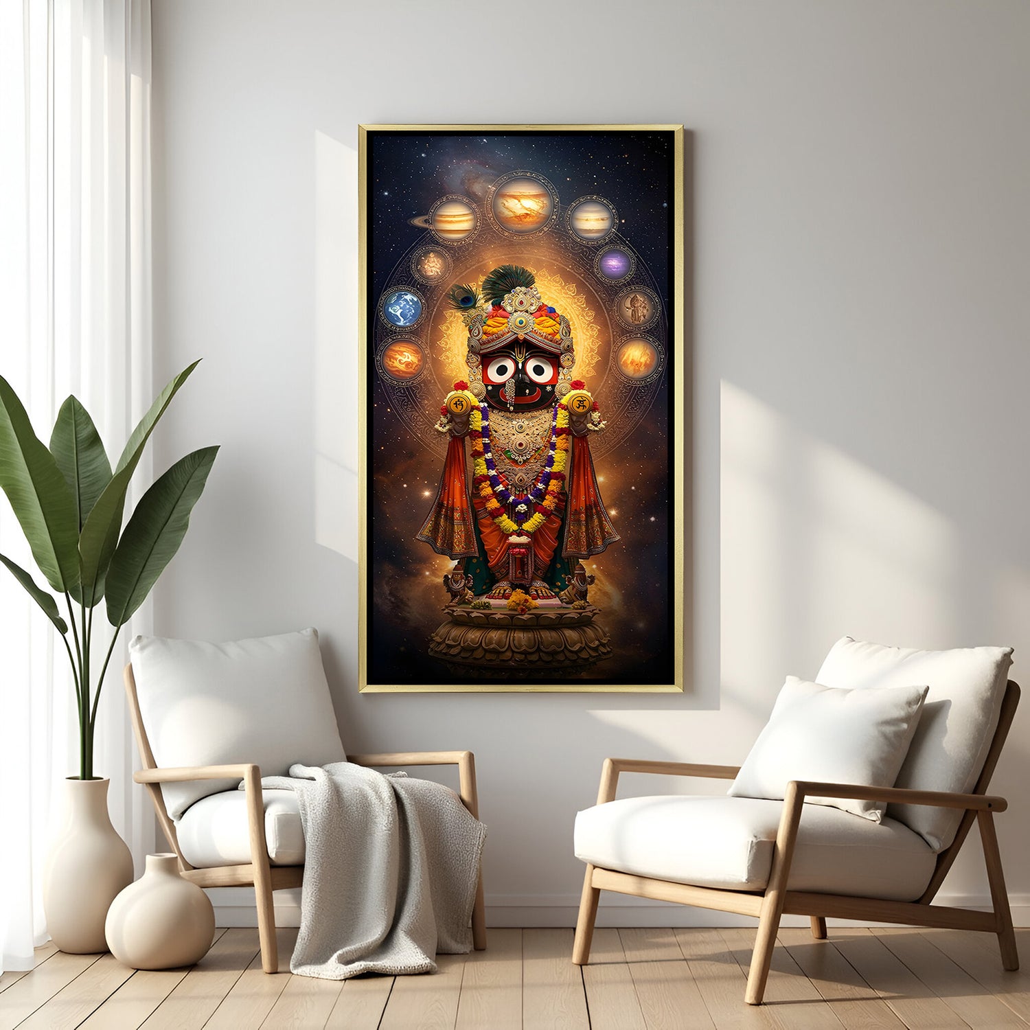 Cosmic Jagannath devotional wall art in golden floater frame with radiant halo and planetary symbols.