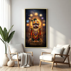 Cosmic Jagannath devotional wall art in golden floater frame with radiant halo and planetary symbols.