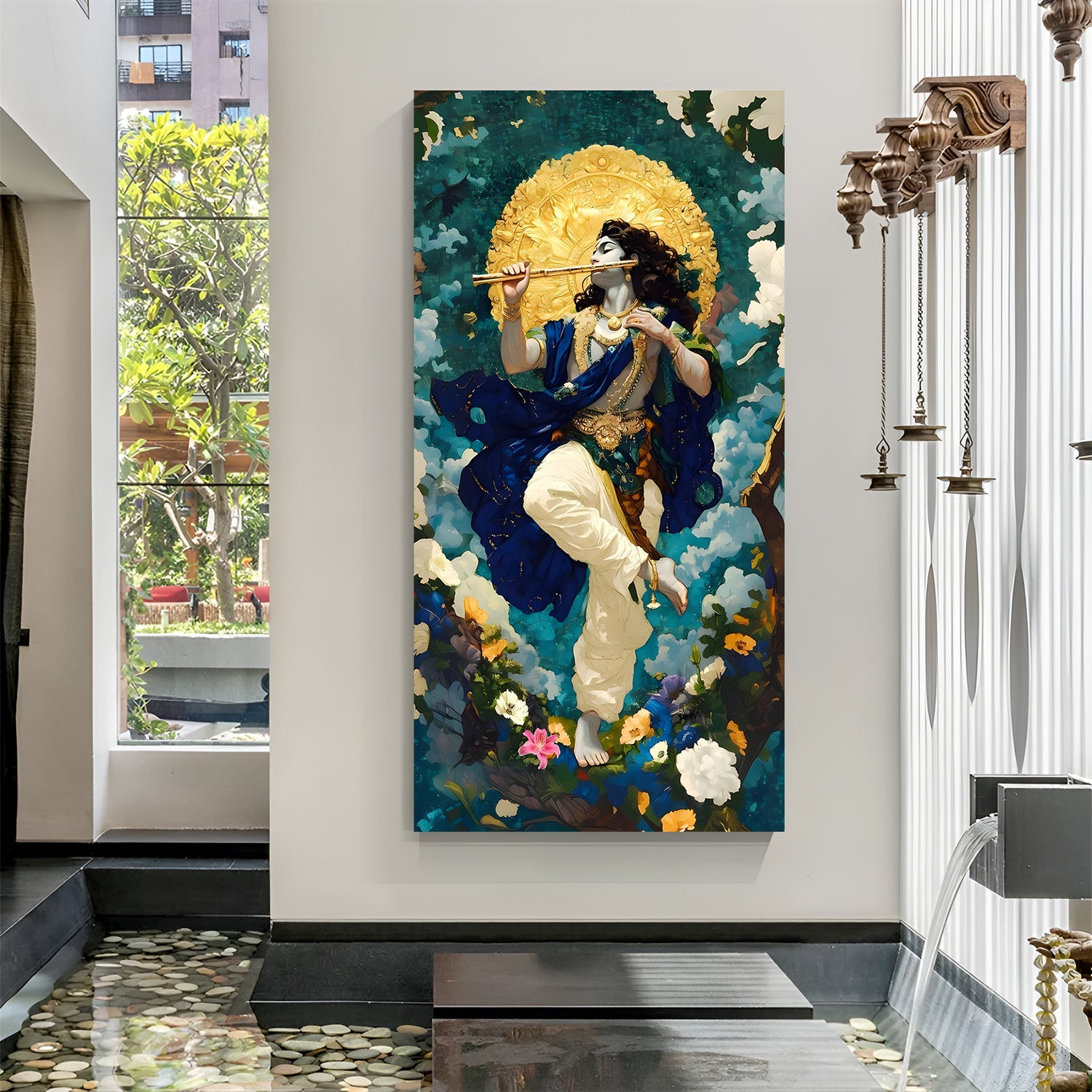 Lord Krishna playing flute canvas wall art with golden halo and vibrant floral background in canvas wrapped frame