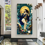 Lord Krishna playing flute canvas wall art with golden halo and vibrant floral background in canvas wrapped frame