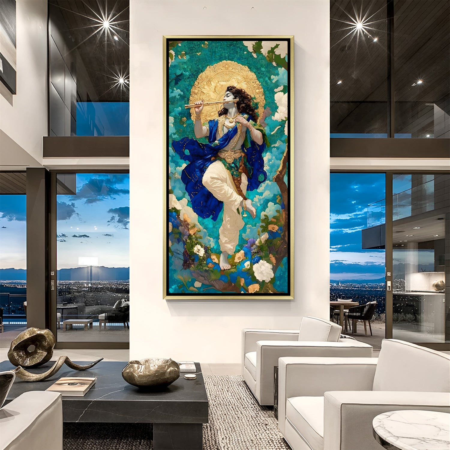 Lord Krishna golden halo flute artwork with flowers in luxurious golden floater frame spiritual canvas art