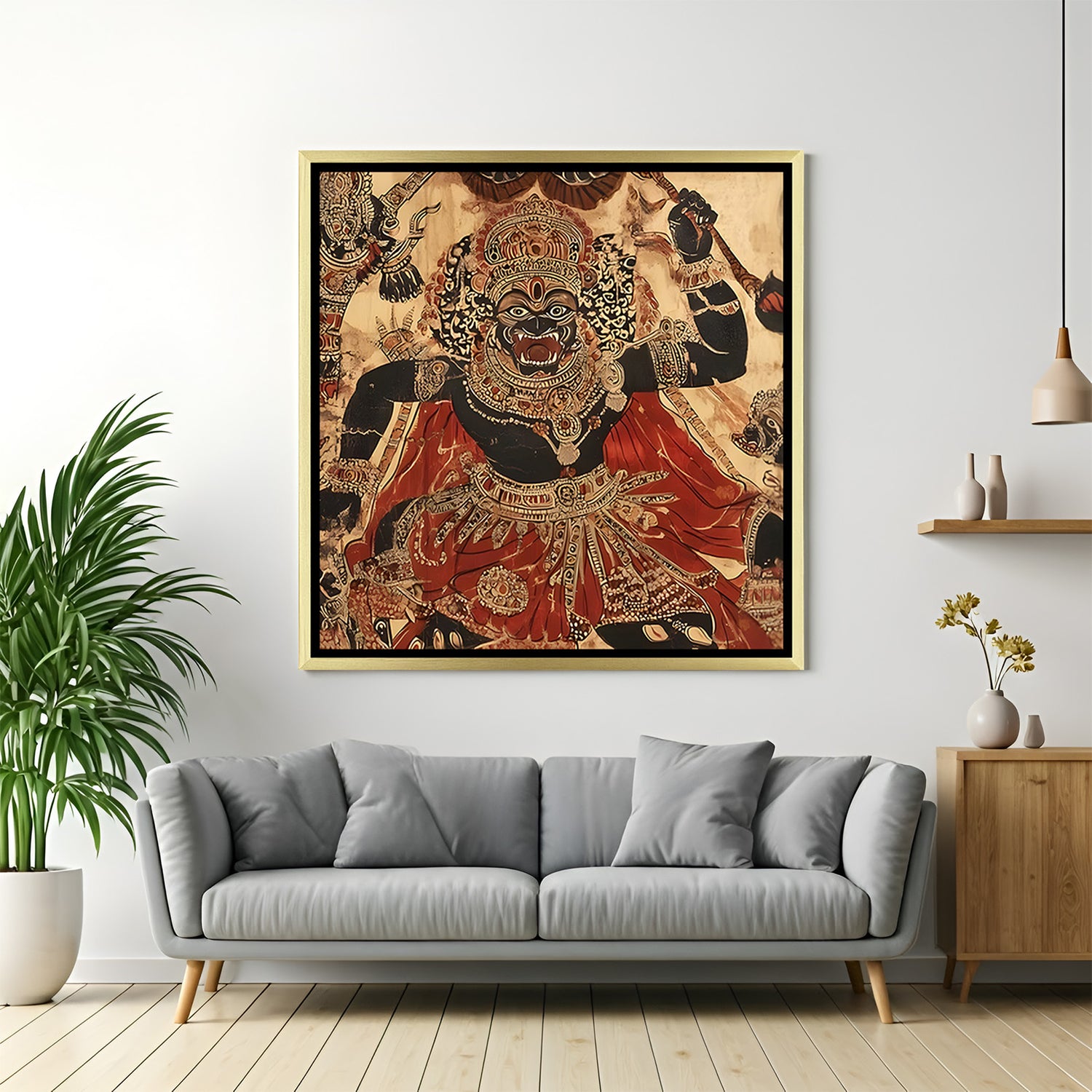 Luxury Kali Mata Kalamkari artwork in golden floater frame with intricate mythological design