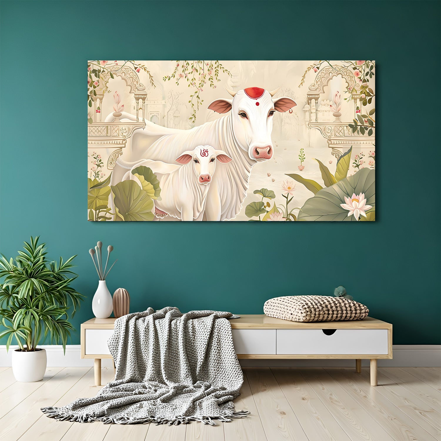 Panoramic Pichwai Kamdhenu cow and calf artwork with lotus leaves and temple arch background.