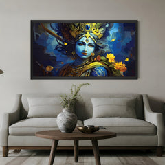 Krishna canvas wall painting in black floater frame for Vastu energy in home and office interiors