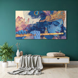 Panoramic Lord Krishna flute wall art featuring blue tones, golden crown, and lotus background.
