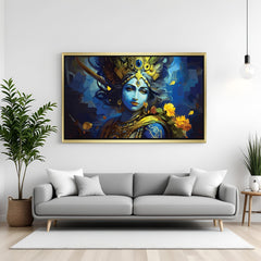 Golden frame Krishna canvas painting for spiritual Vastu decor in office and home wall settings