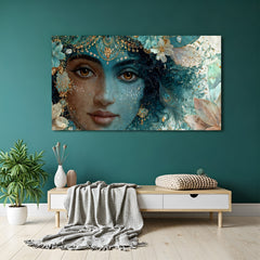 Panoramic Lord Krishna wall art in teal tones with intricate jewelry and peacock feather crown.