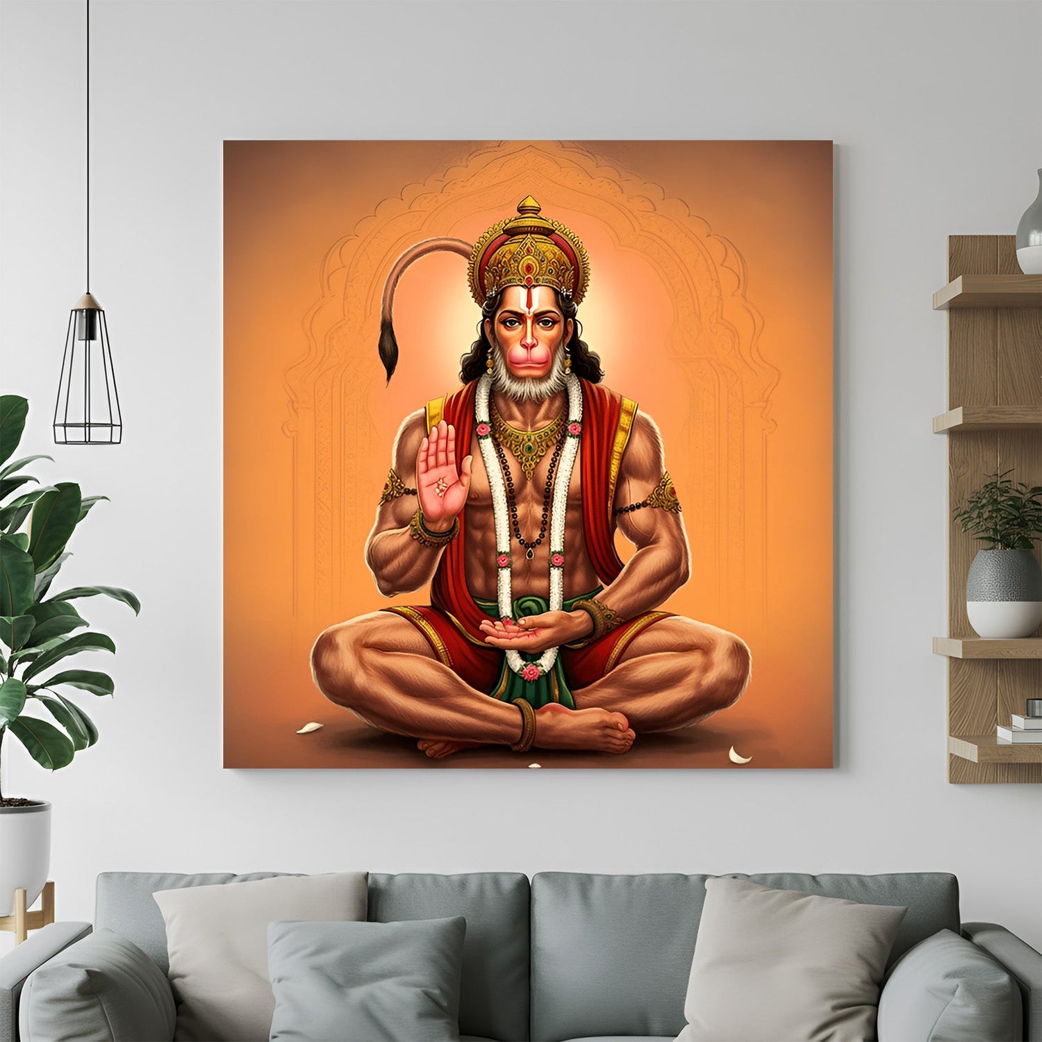 Powerful Lord Hanuman canvas wall art holding divine mace, representing spiritual protection, energy, and strength for vastu decor
