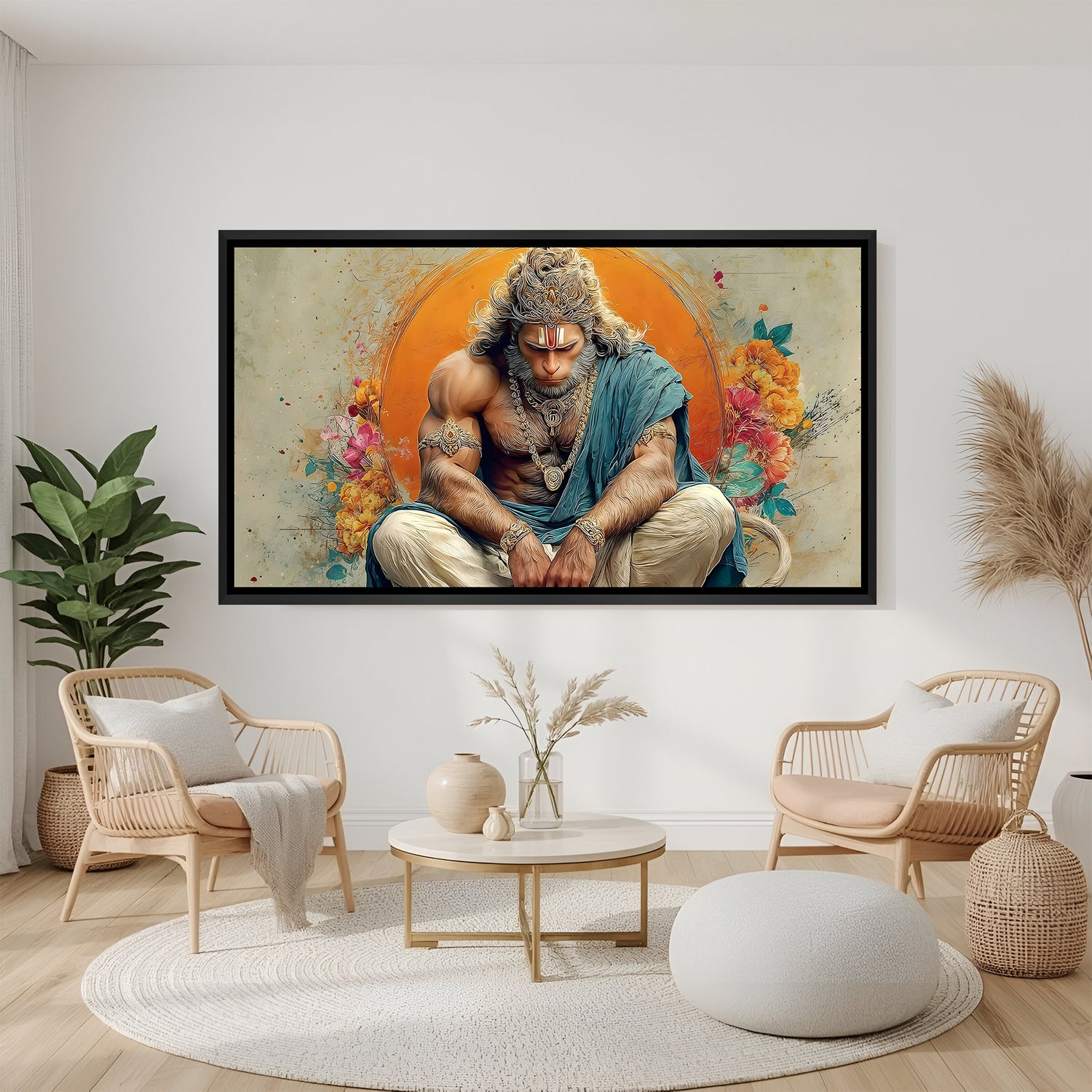 Hanuman Ji meditation artwork with radiant orange halo in modern black frame.