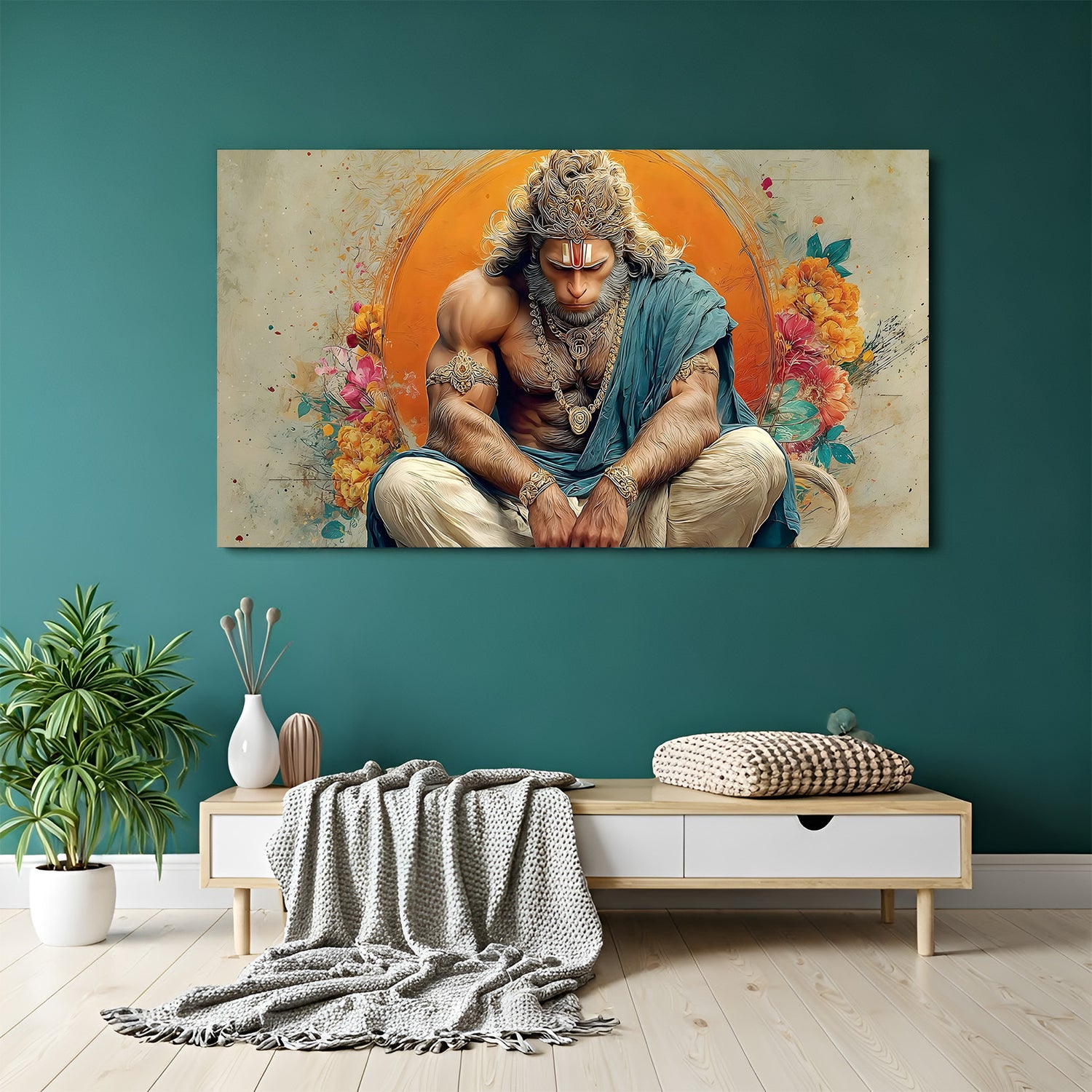 Meditating Hanuman Ji wall art with golden aura and floral background in canvas format.