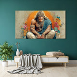 Meditating Hanuman Ji wall art with golden aura and floral background in canvas format.