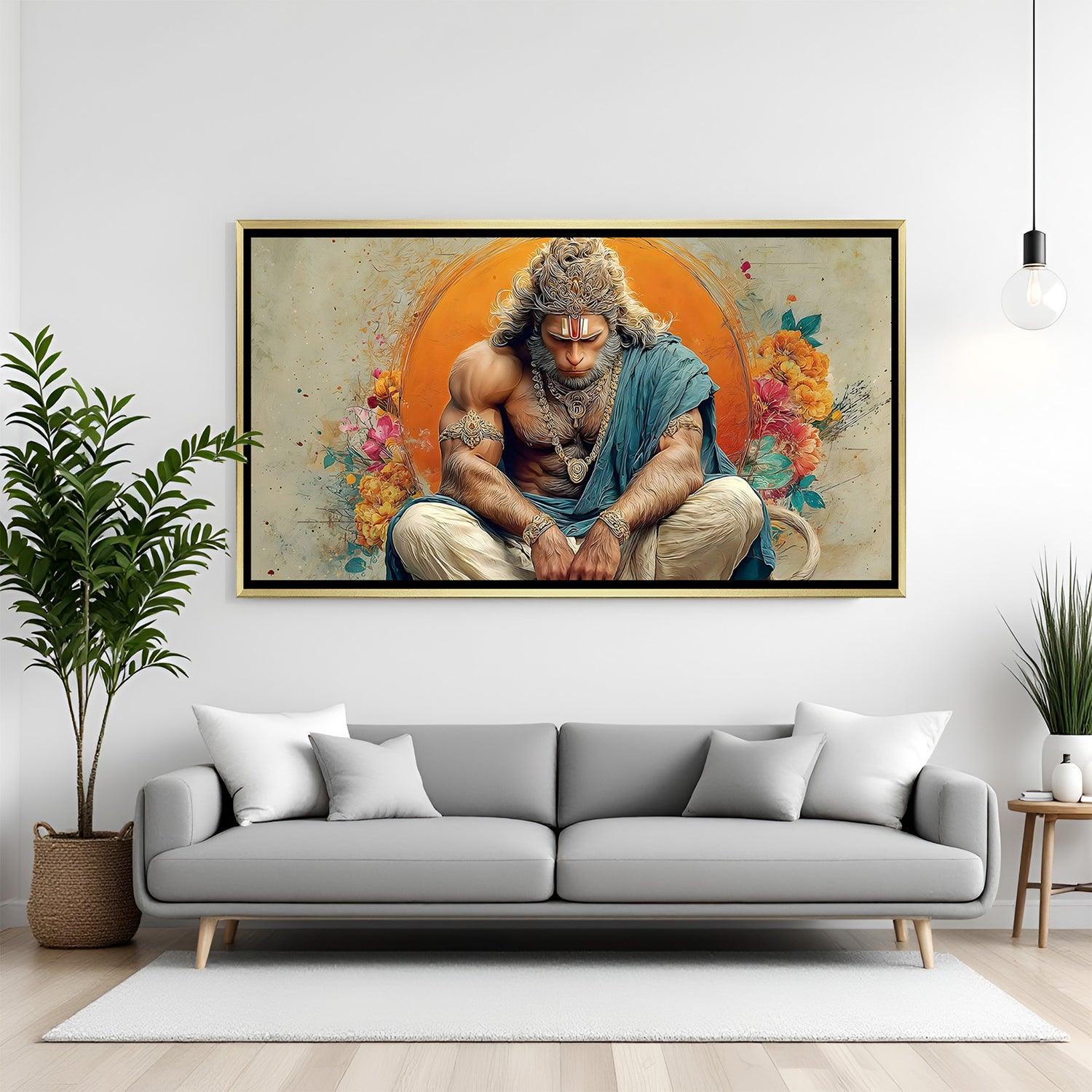 Premium Hanuman Ji wall art with glowing aura and floral details in golden frame.