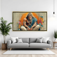 Premium Hanuman Ji wall art with glowing aura and floral details in golden frame.