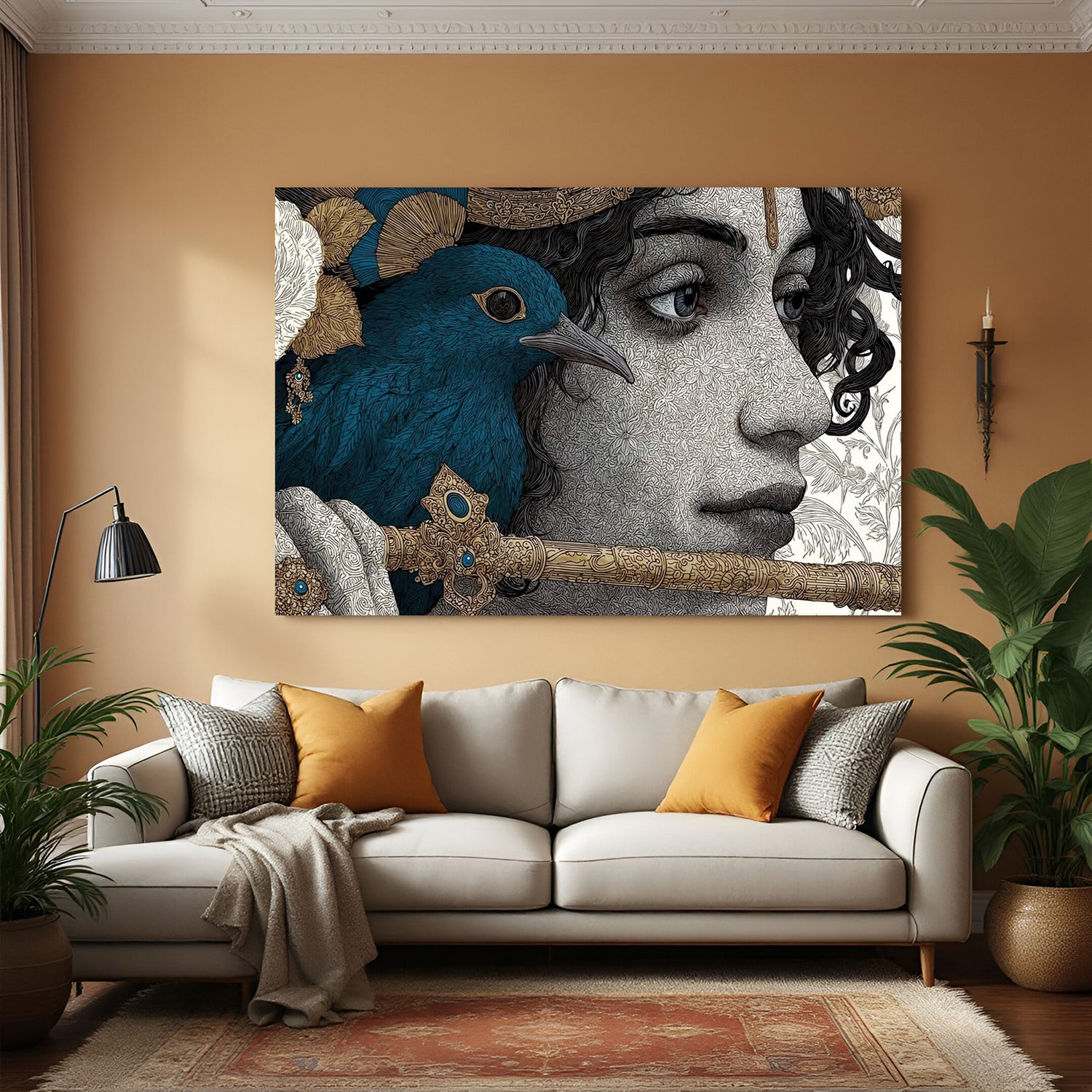 Krishna face wall art playing flute in premium canvas wrapped frame with serene divine expression