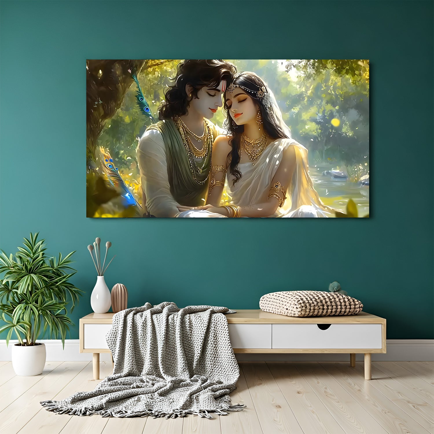 Panoramic Radha Krishna wall art showing divine couple in serene forest setting with soft golden light.