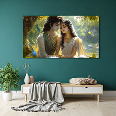 Panoramic Radha Krishna wall art showing divine couple in serene forest setting with soft golden light.