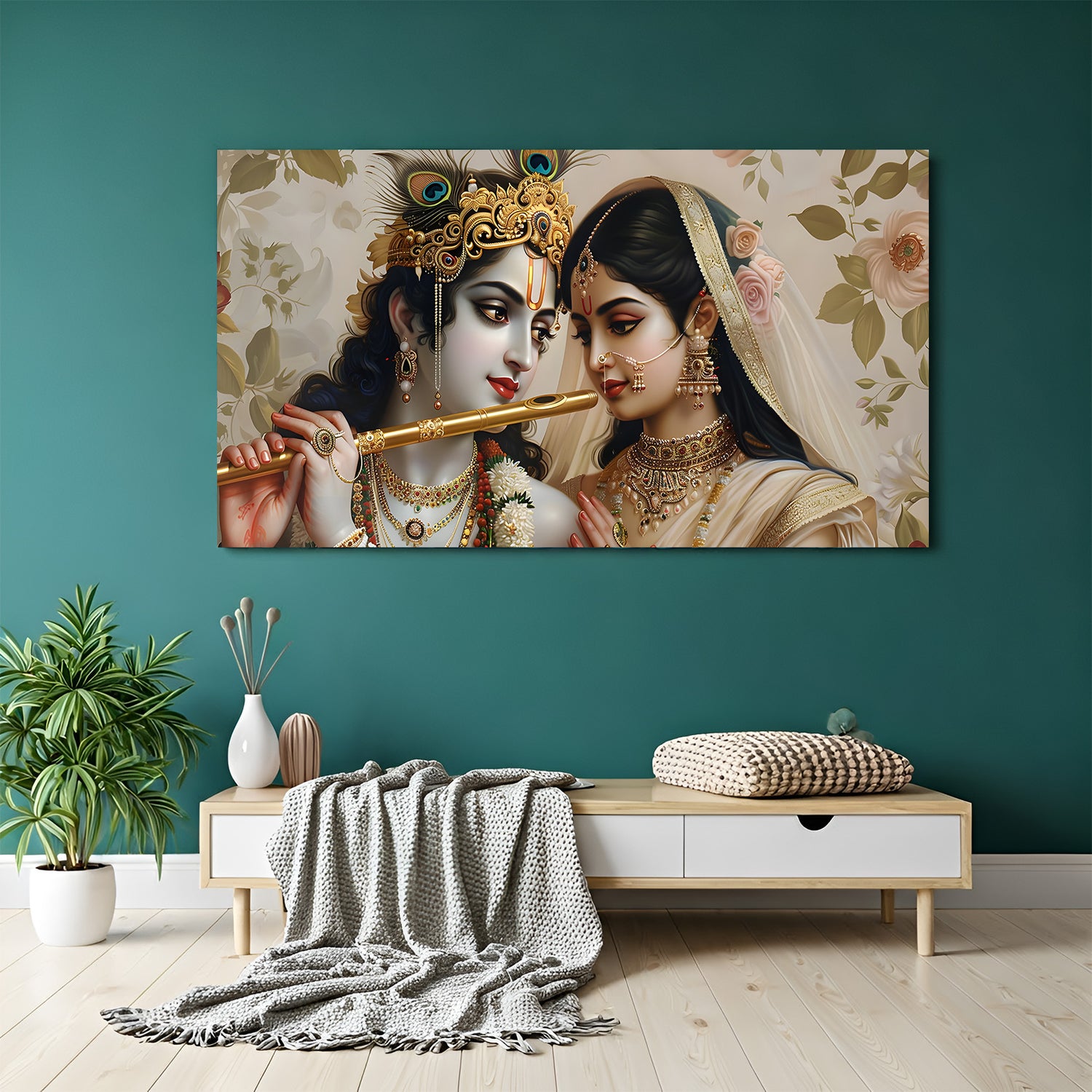 Panoramic Radha Krishna flute wall art with gold crown, peacock feather, and intricate jewelry details.