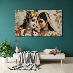 Panoramic Radha Krishna flute wall art with gold crown, peacock feather, and intricate jewelry details.