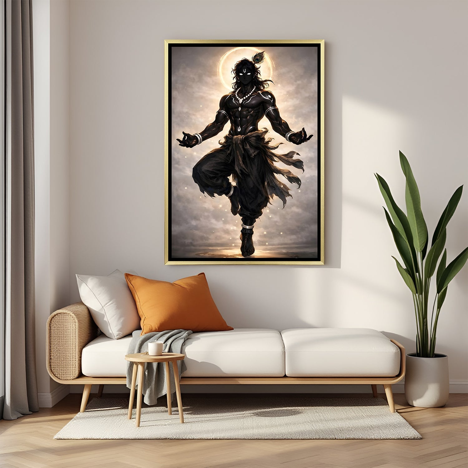 Luxury Lord Krishna artwork with divine glowing aura in a premium golden floater frame