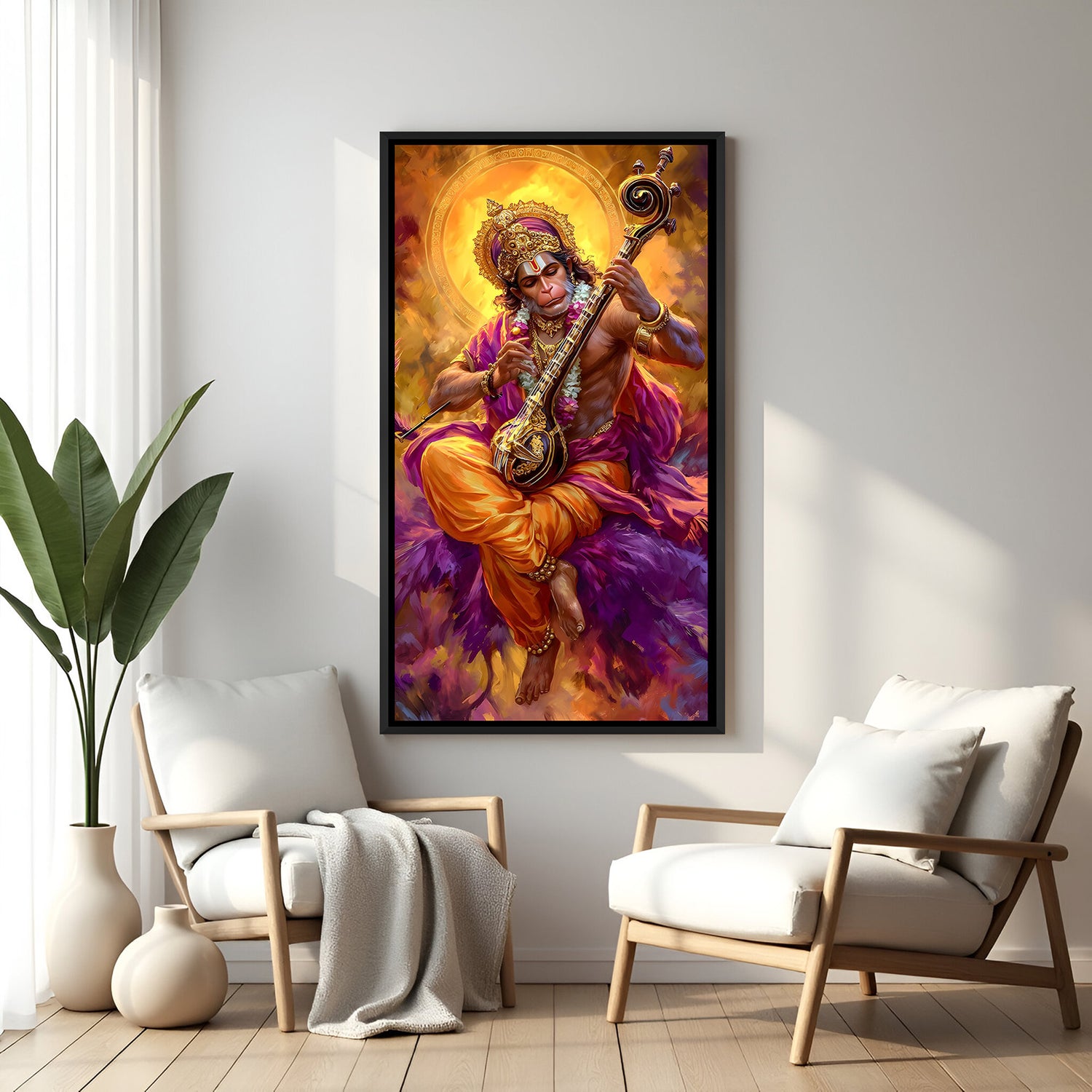 Hanuman Ji playing Veena wall painting in elegant black floater frame with golden divine aura
