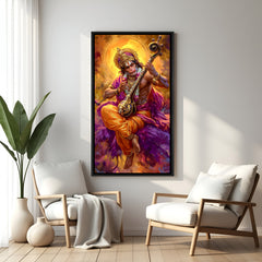 Hanuman Ji playing Veena wall painting in elegant black floater frame with golden divine aura