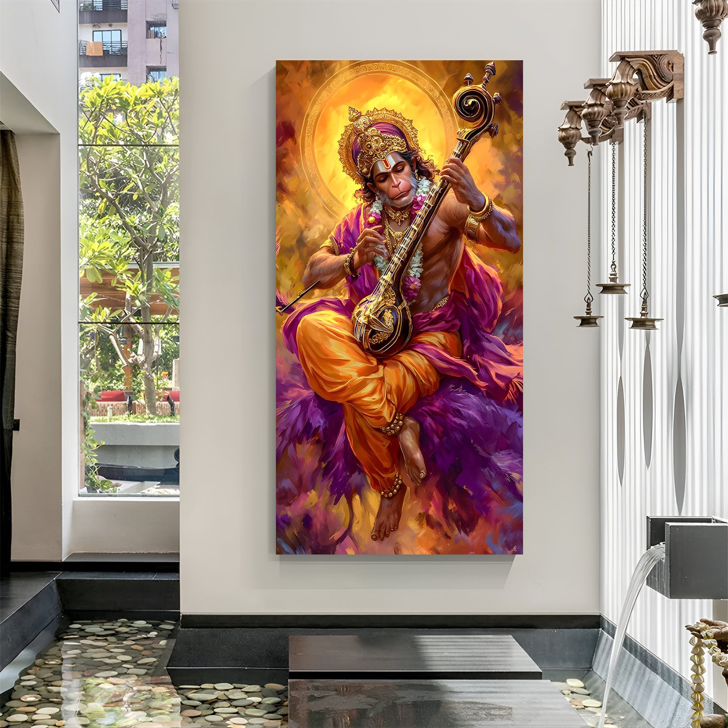 Lord Hanuman playing Veena canvas wall art with radiant golden halo in premium canvas wrapped frame
