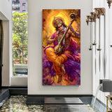 Lord Hanuman playing Veena canvas wall art with radiant golden halo in premium canvas wrapped frame