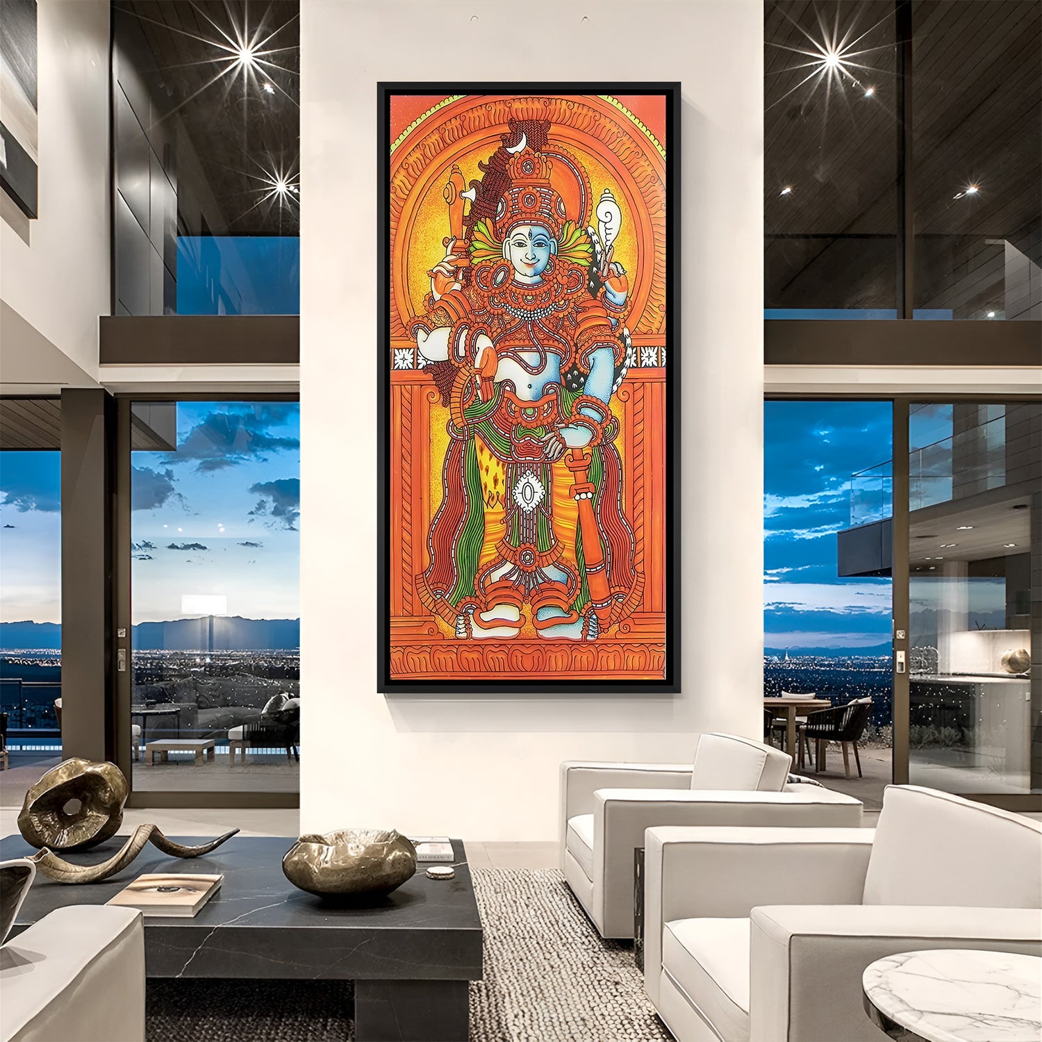 Lord Vishnu Kerala mural wall painting in elegant black floater frame for spiritual interiors