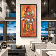 Lord Vishnu Kerala mural wall painting in elegant black floater frame for spiritual interiors