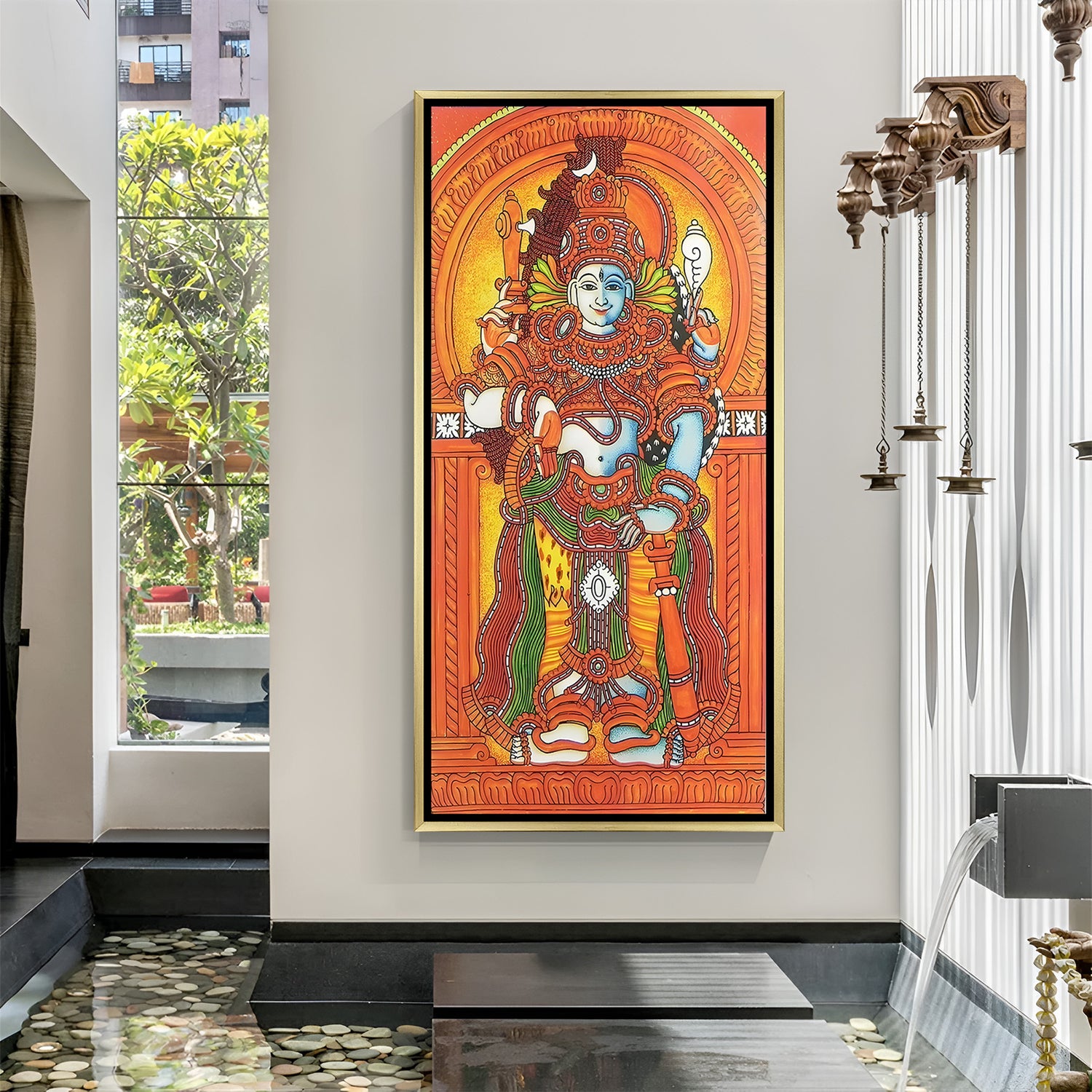 Luxury Vishnu Kerala mural artwork in golden floater frame with intricate traditional Indian design