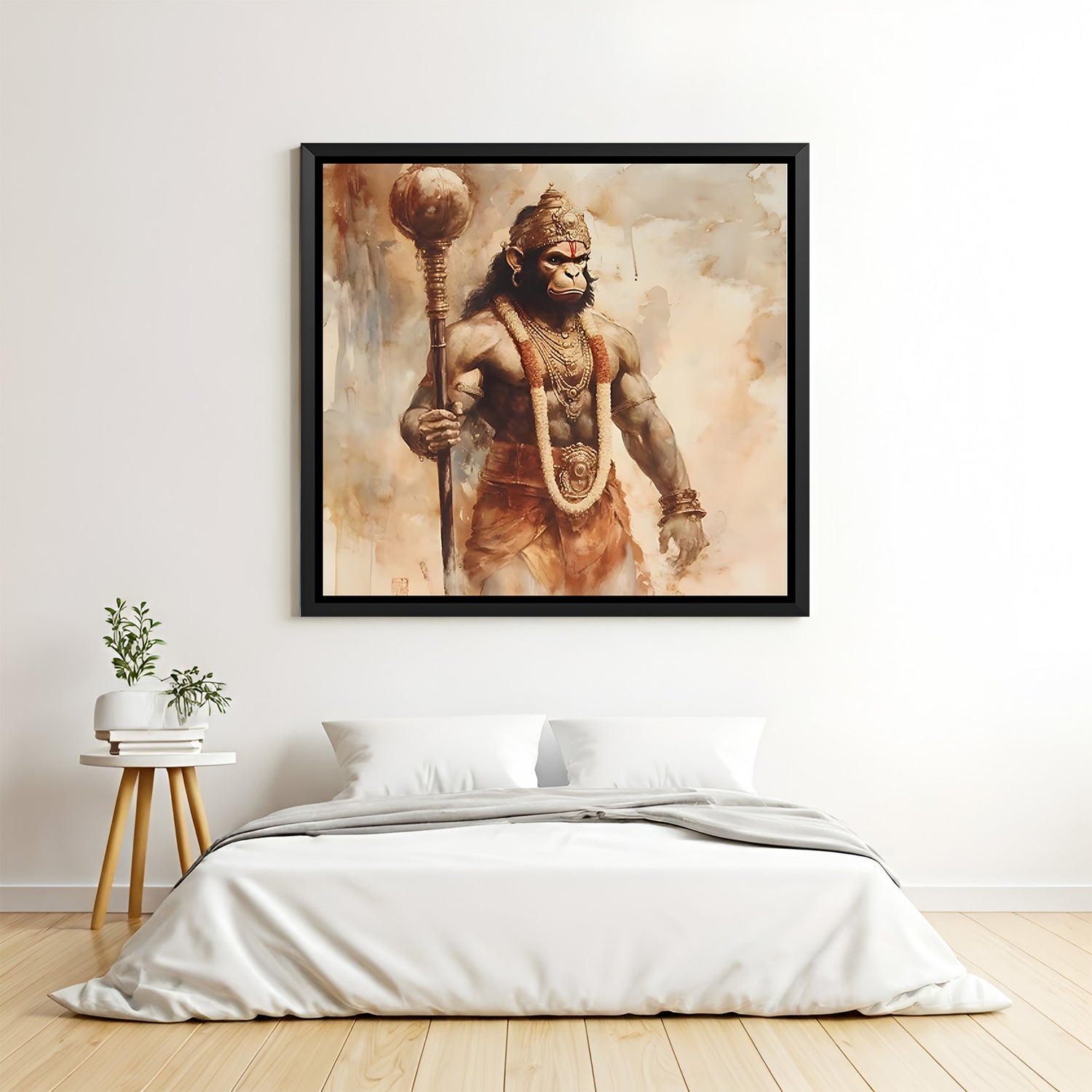 Divine Warrior Hanuman spiritual artwork in elegant black floater frame enhancing contemporary home decor.