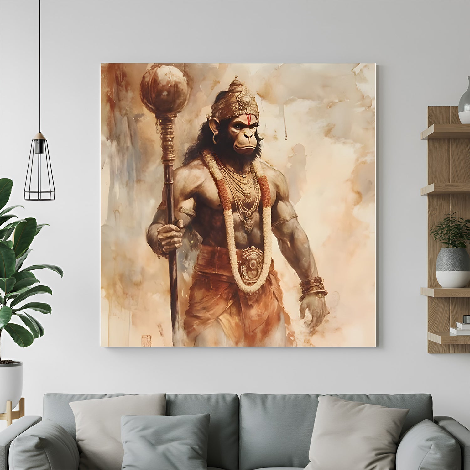 Divine Warrior Hanuman wall art printed on premium canvas wrapped around wooden stretcher frame displayed in modern living room setting.
